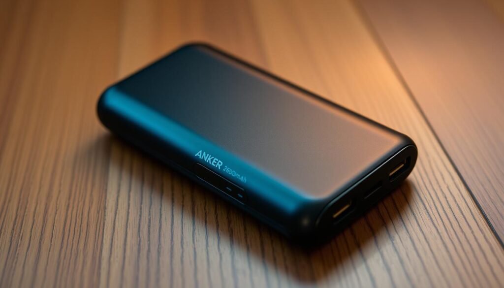 A portable charger rests on a wooden surface, its sleek black casing reflecting the warm, diffused lighting from an unseen source. The device's curved edges and rounded corners give it a modern, minimalist aesthetic. Intricate details, such as the textured surface and the subtle Anker logo, add visual interest. The charger's substantial size and 26800mAh capacity are evident, hinting at its power and versatility. The scene conveys a sense of practicality and convenience, ideal for powering devices on the go.