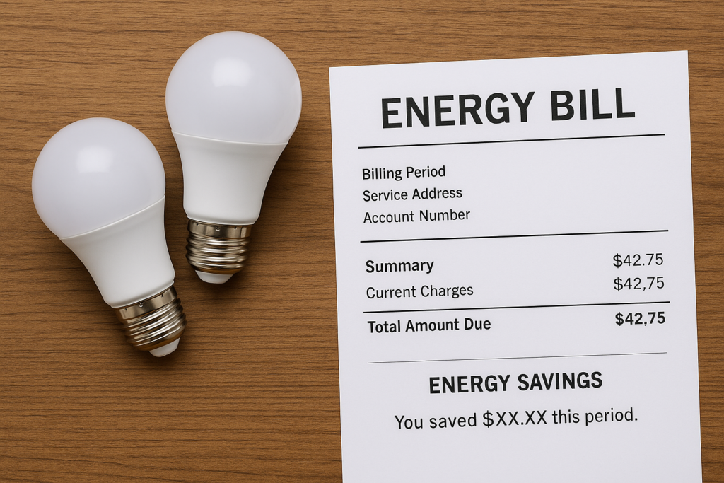LED light bulbs next to an energy bill showing savings