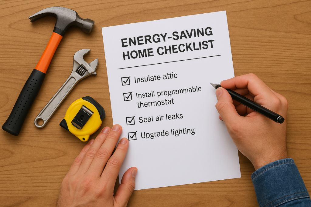 Person completing energy-saving home checklist with tools nearby