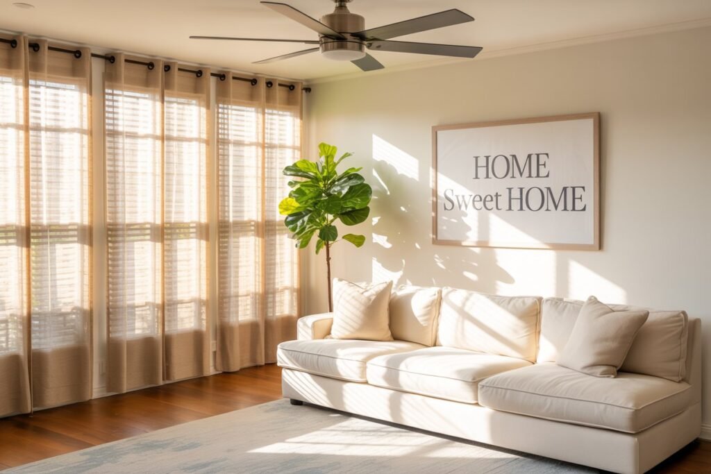 Home with properly positioned ceiling fan and drawn blinds to keep cool in summer