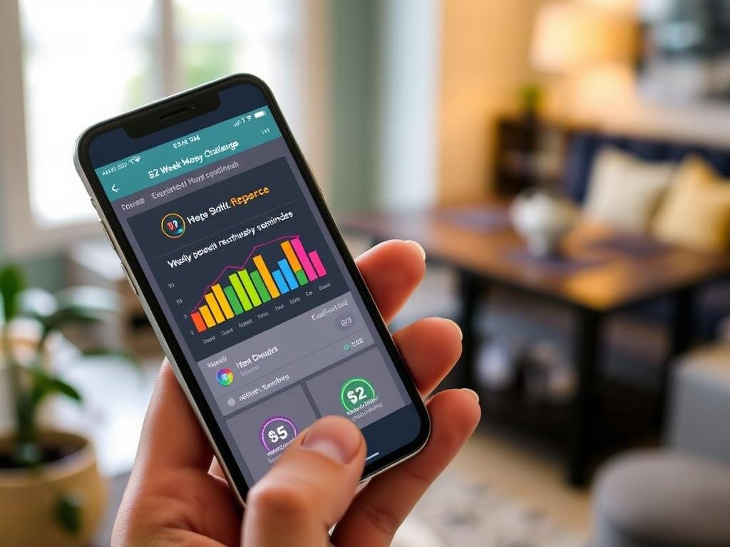 52-Week Money Challenge Mobile App showing progress tracking and notifications 52-Week Money Challenge Mobile App showing progress tracking and notifications