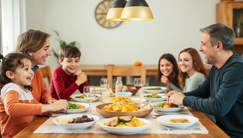 A family enjoying a home-cooked meal made with budget-friendly groceries A family enjoying a home-cooked meal made with budget-friendly groceries