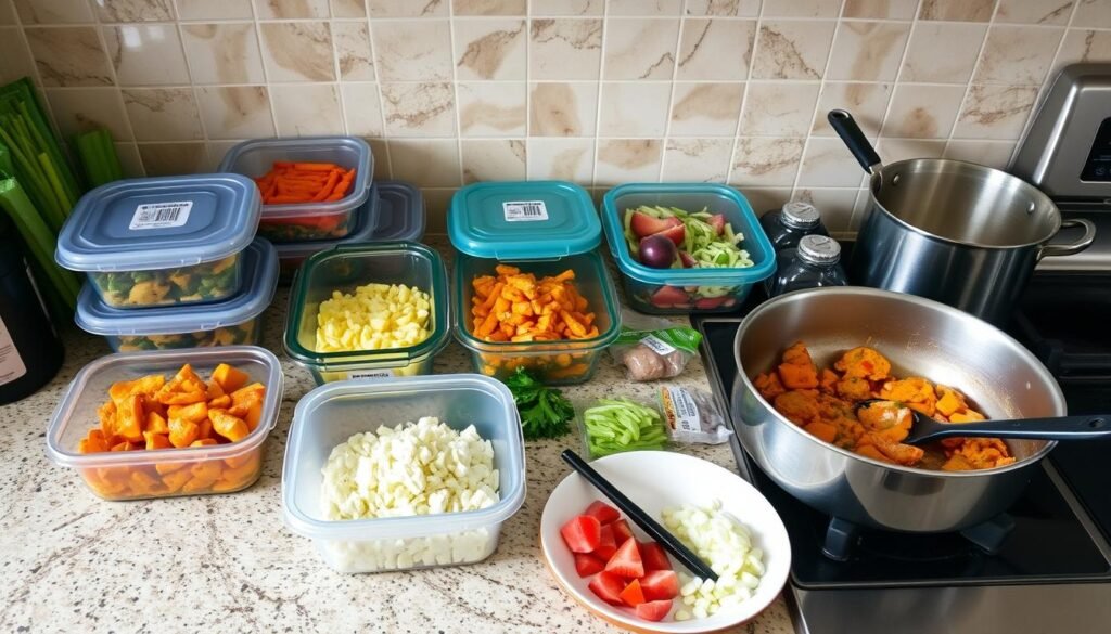 A meal prep session using budget-friendly groceries A meal prep session using budget-friendly groceries