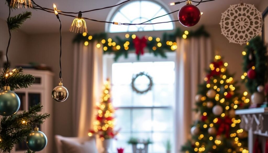 Budget-friendly holiday decor featuring string lights, thrifted ornaments, and DIY elements creating a warm, festive atmosphere