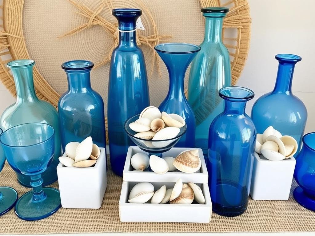 Budget-friendly summer decor featuring thrifted blue glassware, collected shells, and natural textures creating a coastal feel