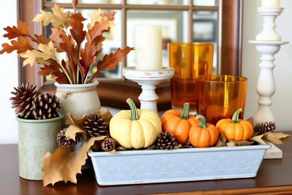 Fall vignette created with budget-friendly elements including thrifted containers, natural materials like pinecones, and small pumpkins