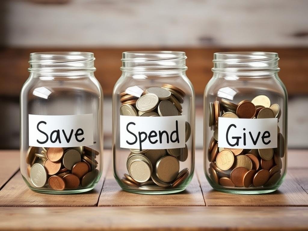 Three clear jars. 1 labeled Save, 1 labeled Spend, and 1 labeled Give with coins inside