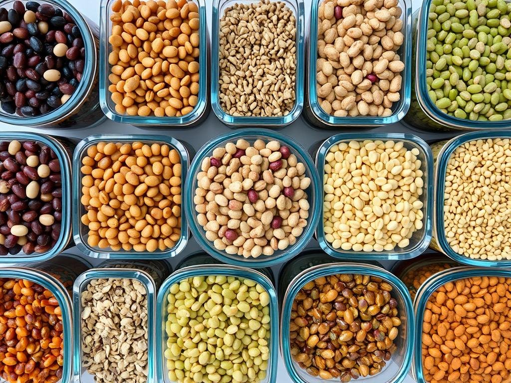 Various types of dried beans and lentils in clear containers Various types of dried beans and lentils in clear containers