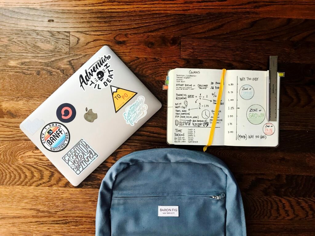 flat lay photography of blue backpack beside book and silver MacBook flat lay photography of blue backpack beside book and silver MacBook